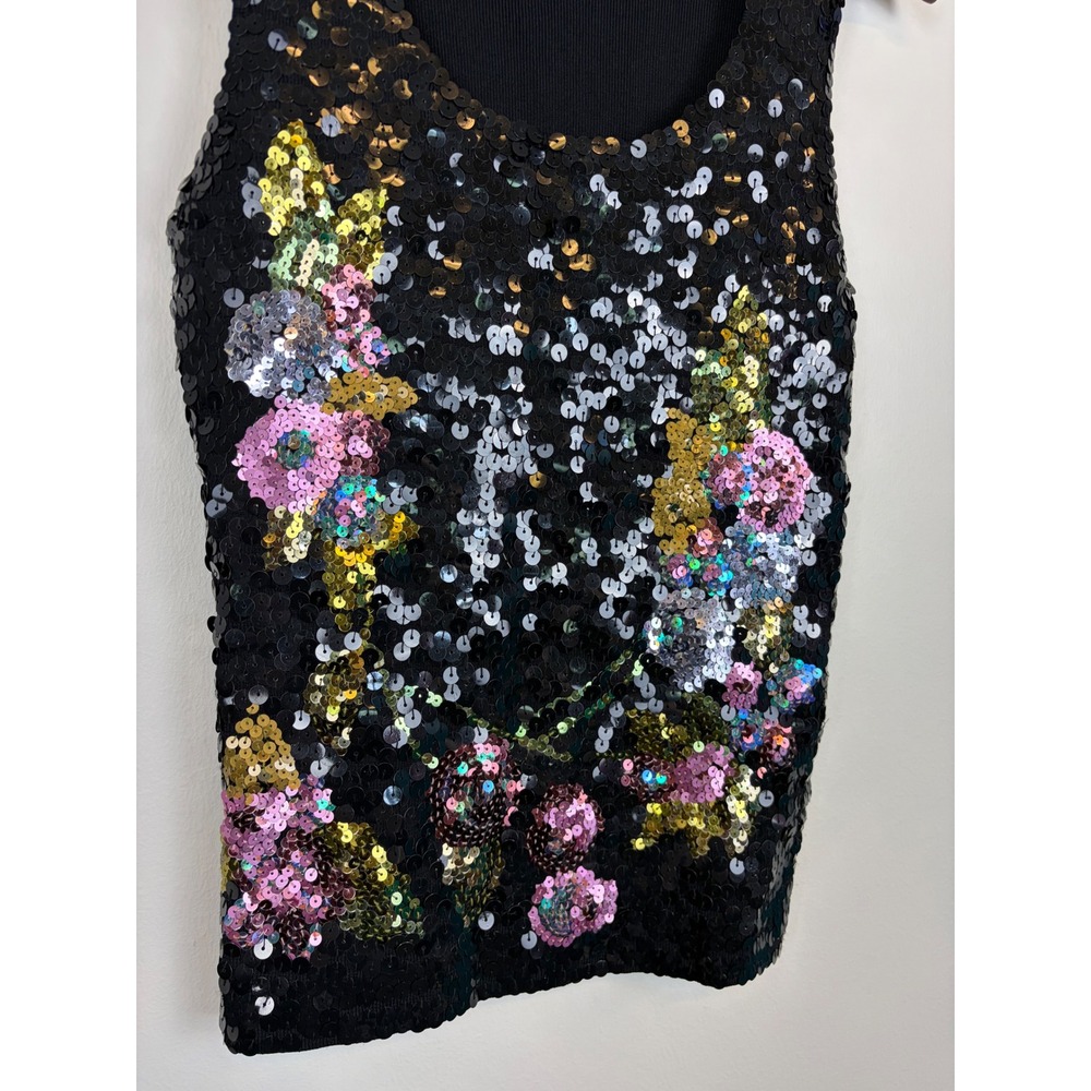 Michelle Nicole Sequin Floral Tank Top Medium Black Y2K Glam Ribbed Dark Fairy - Picture 2 of 7